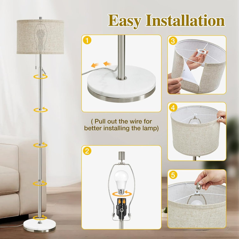 Lampe sur pied en marbre moderne de 64 po Vondell à hauteur réglable avec interrupteur à chaîne, Argent / marbre blanc