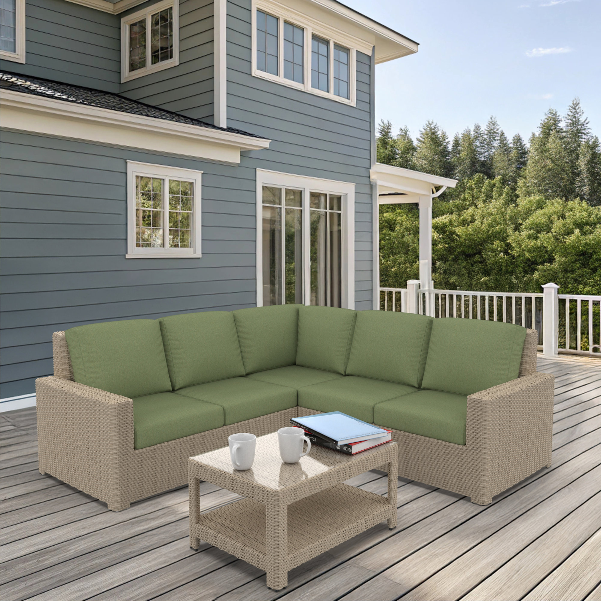 Henri Outdoor Patio Sectional With Sunbrella Cushions, Canvas Fern