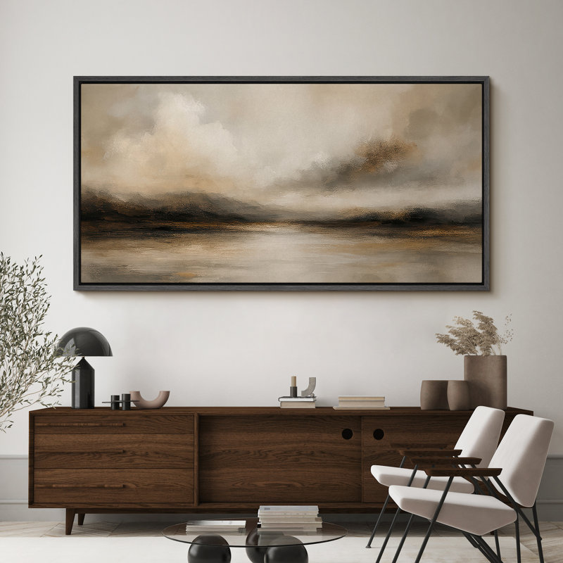 Large Framed Canvas Print Wall Art - Neutral Abstract Landscape Print for Minimalist Modern Wall Decor, Black, 30" H x 60" W