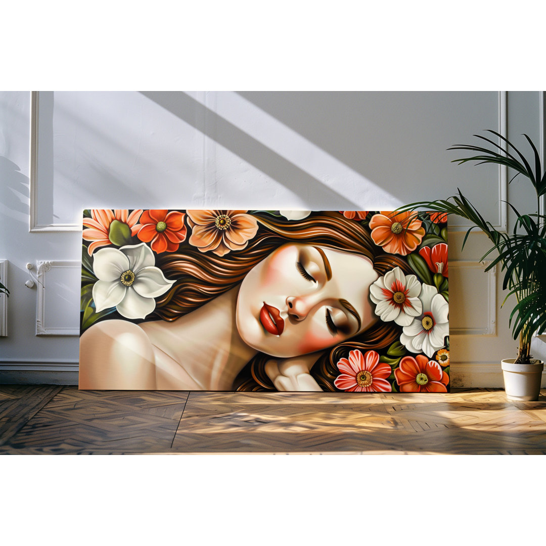 Wandbild 120x60cm Schlafende Schönheit junge Frau Blumen Blüten Kunstvoll