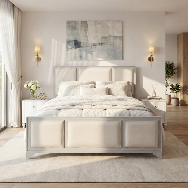 Structure de lit grand lit en bois avec tête de lit tapissier, tissu blanc et beige, plateforme en bois massif, style campagne moderne