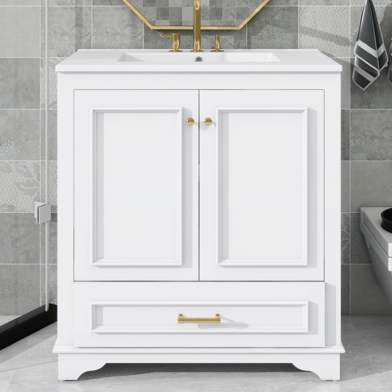 Meuble-lavabo de salle de bain avec lavabo 30 po avec accents dorés, tiroir inférieur, portes à fermeture douce, structure en bois massif