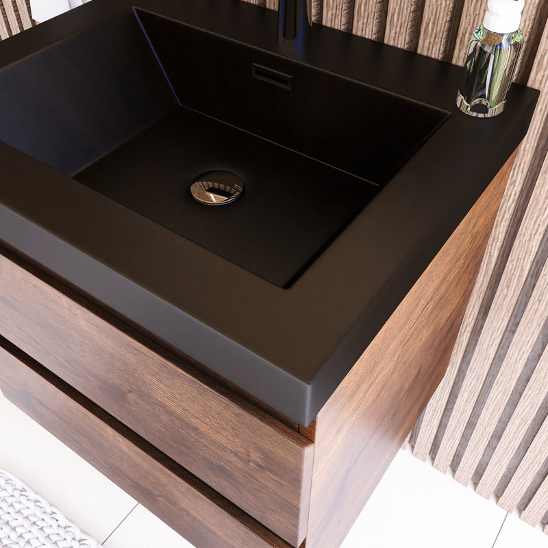 Meuble-lavabo mural simple 23,5 po avec plateau en résine Luhe, Brun foncé