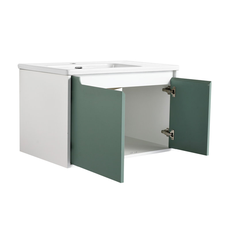 Mint Green Plywood Floating Single Sink Vanity with White Ceramic Top