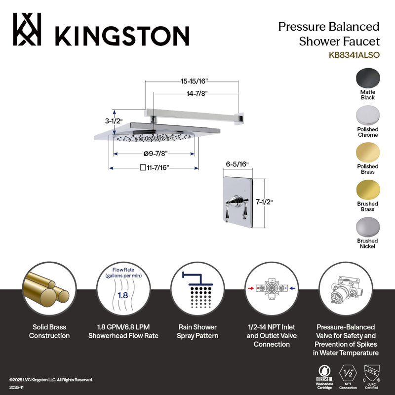 Robinet de douche à pression équilibrée Kingston, Brushed Brass
