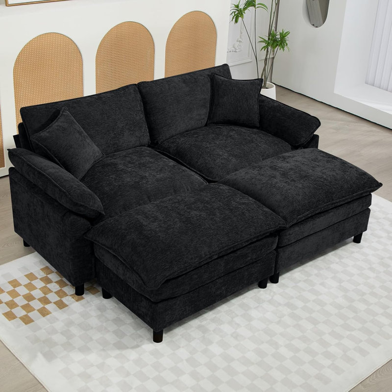 Upholstered U-Shape Sectional With Two Ottomans, Black Chenille, 34.6" H x 80" W x 57.8" D