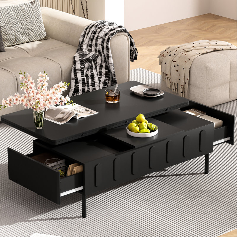 Table basse moderne réglable avec plateau relevable, conception pliable et 2 tiroirs, pour un usage confortable