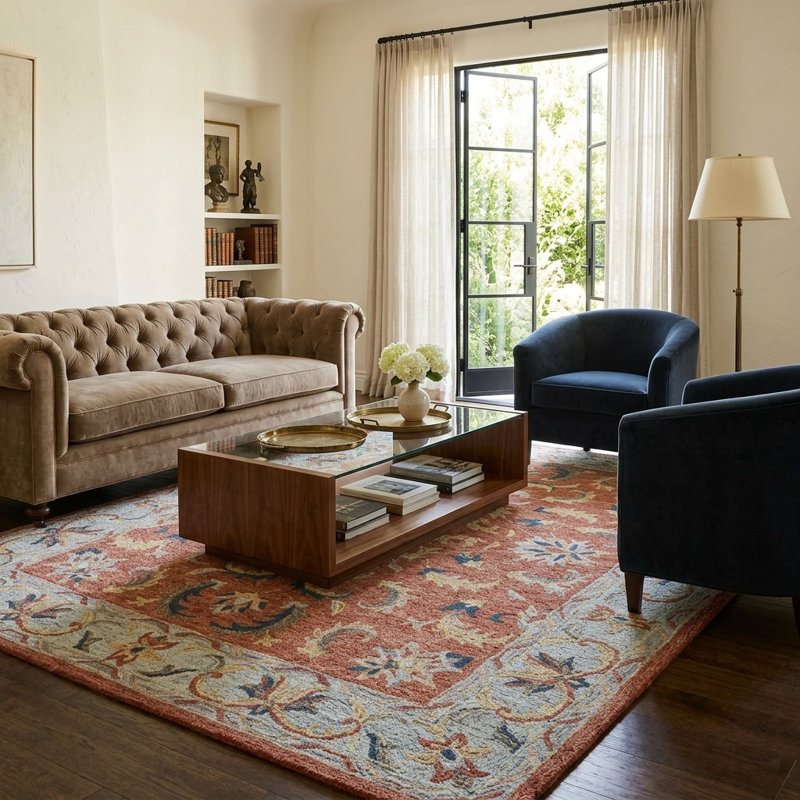 Floral Traditional Terracotta& Light Blue Wool Hand Tufted Area Rug, Rectangle 7'6" x 9'6"