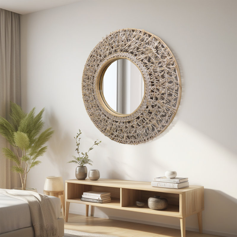 Miroir mural rond en rotin et bambou, 24,5 po x 34,4 po, Ovale