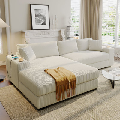  Large Sectional Sofa with Thick Cushions, Built-in Cup Holders and Charging Ports for Living Room, Beige