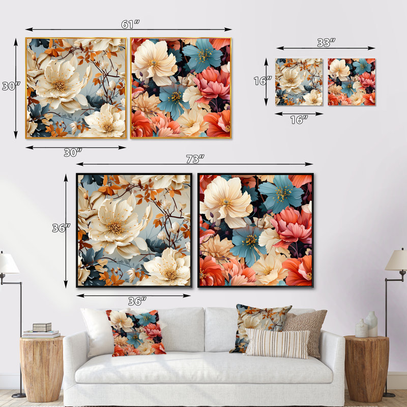 Motif floral de couleur pastel - ensemble de 2 collages floraux carrés, Cadre flottant noir, H 30 po x l 61 po