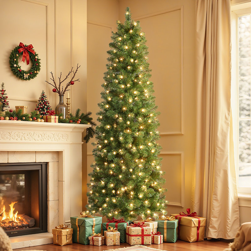 Lighted Artificial  Slim Pencil Christmas Tree, 7' H