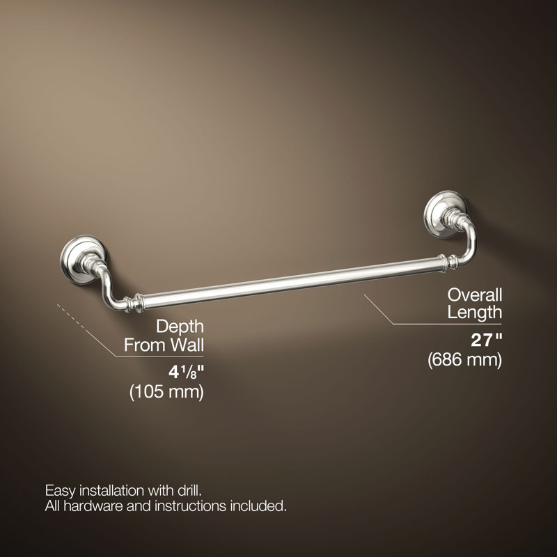 Artifacts® Wall Mounted Towel Bar, 3" H x 27" W x 3.5" D, Vibrant Polished Nickel