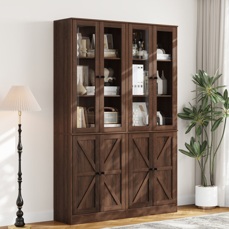 70.9'' H Book Cabinet Storage Bookcase Set With Glass Door, Brown