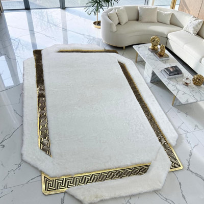 White Faux Fur Area Rug, Custom Size Greek Border Plush Carpet, Soft Elegant Rug For Living Room Or Bedroom, Irregular Shaped Rug_6X9ft