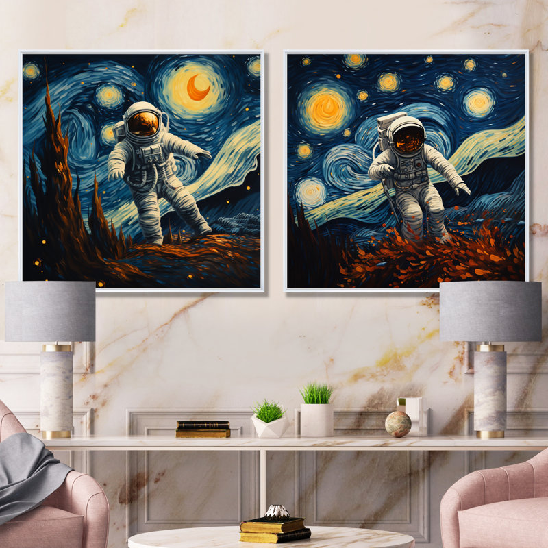 «Vangogh Astronauts Through Space I», ensemble d'art mural sur toile, H 30 po x l 61 po x P 1 po, Cadre flottant blanc