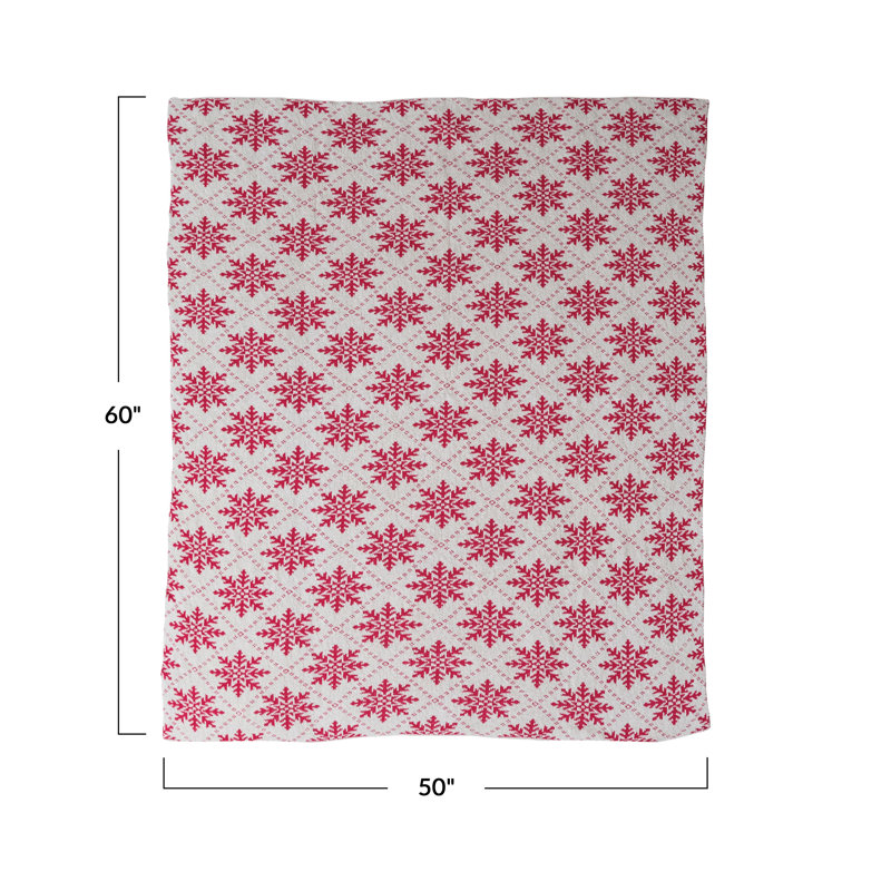 Elegant Cotton Knit Snowflake Throw, Cream/Dark Pink Abstract