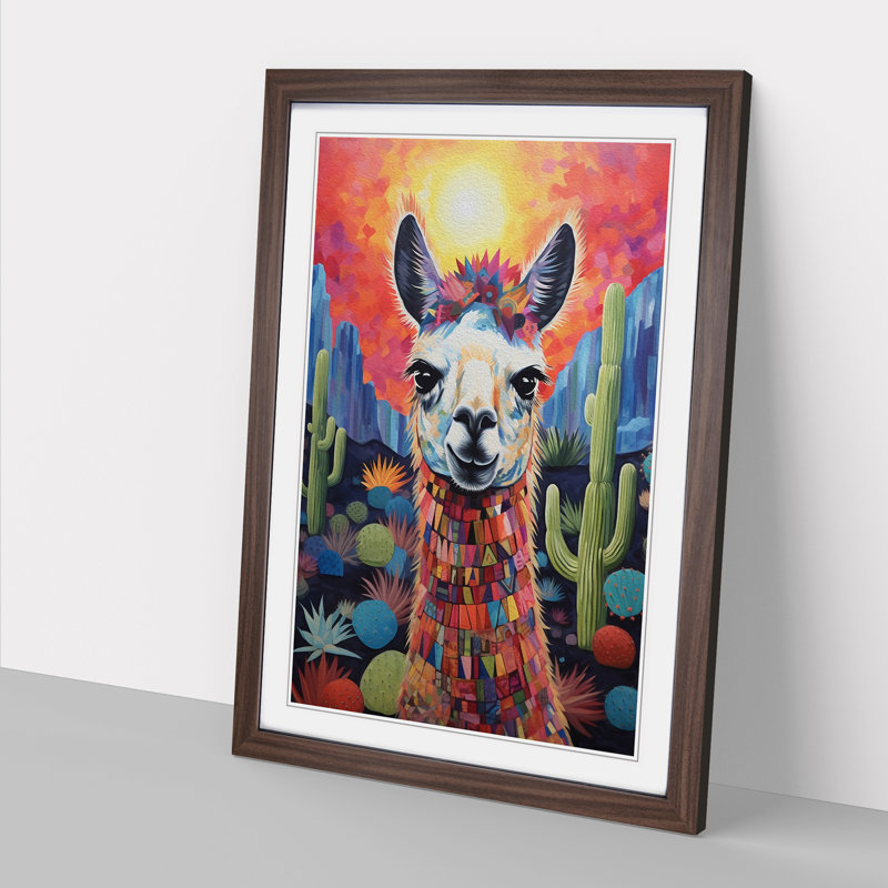 XYZ-FRM-V1223-4306 Llama Symbolism - Single Picture Frame Print on Wood, 34cm H x 25cm W x 2cm D, Walnut