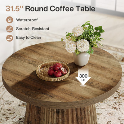 Table basse ronde de 31,5 po, table centrale cannelée avec base cylindrique, table d'appoint Farmhouse pour salon, appartement