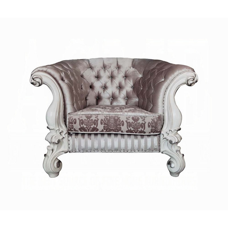 Chaise d'appoint Kai, 2 coussins, tissu ivoire touffeté, volute, bois blanc