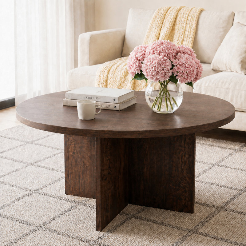 Table basse ronde rustique Heranda 35,4 po, table centrale en bois avec base en forme de croix pour salon, Brun