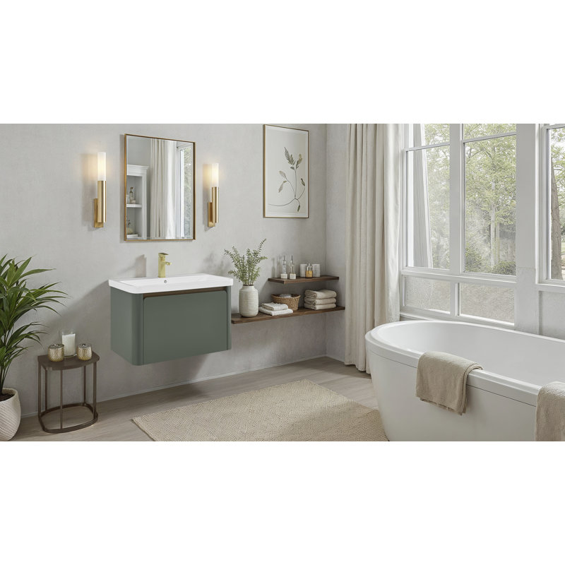 Meuble-lavabo simple flottant et mural de 30 po Barkley en vert rétro avec lavabo et comptoir intégrés en céramique