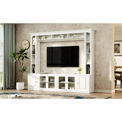 Meuble télé mural moderne blanc pour téléviseur de 80 po ou moins, 92 po, console multimédia tout-en-un avec 4 armoires et 11 tablettes, avec portes d'armoire rainurées