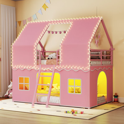 Lit superposé simple au-dessus de simple avec rideau de jeu, lit superposé avec lumières à DEL, lit superposé en métal avec échelle inclinée et garde-corps de 13,4 po, peu encombrant, sans sommier tapissier