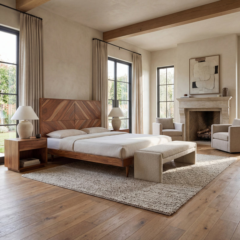 Macibryn Wood Herringbone Bed, Natural, Queen