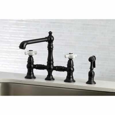 Kingston Brass English Country Two-Handle 4-Hole Deck Mount Bridge Kitchen Faucet with Brass Side Sprayer