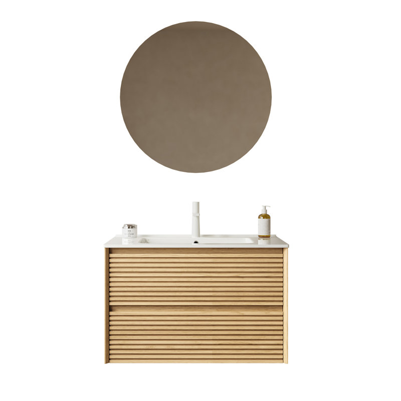 Meuble-lavabo de salle de bain avec lavabo mural en contreplaqué flottant mural avec tiroirs 30 po BRON, vasque en céramique blanche préassemblée, couleur grain de bois chêne Corolla