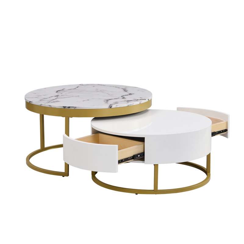 Table basse ronde moderne avec tiroirs en blanc