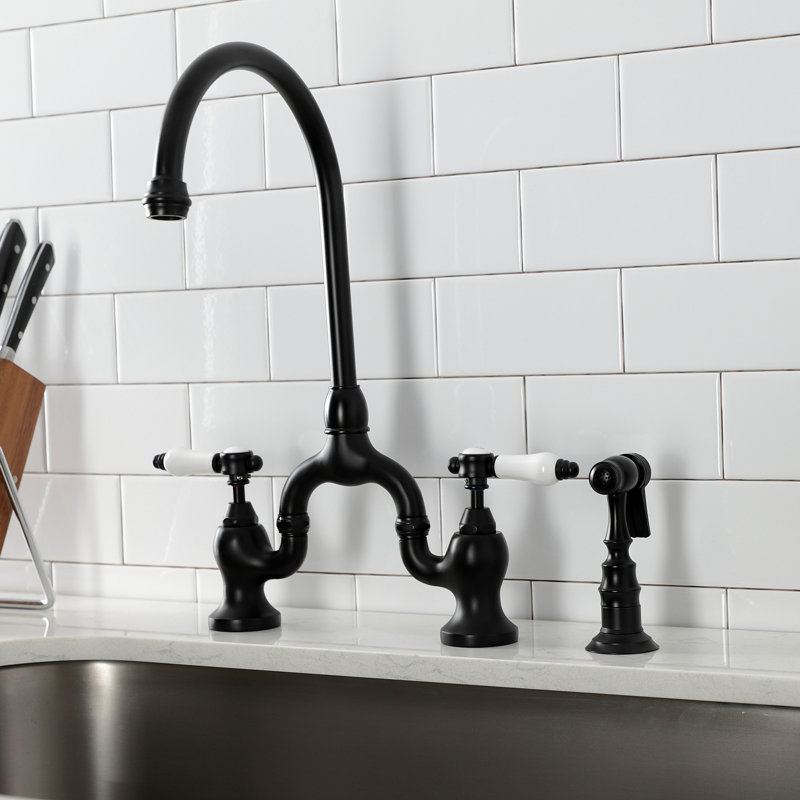 Kingston Brass Bel-Air Two-Handle 3-Hole Deck Mount Bridge Kitchen Faucet with Brass Side Sprayer, Matte Black
