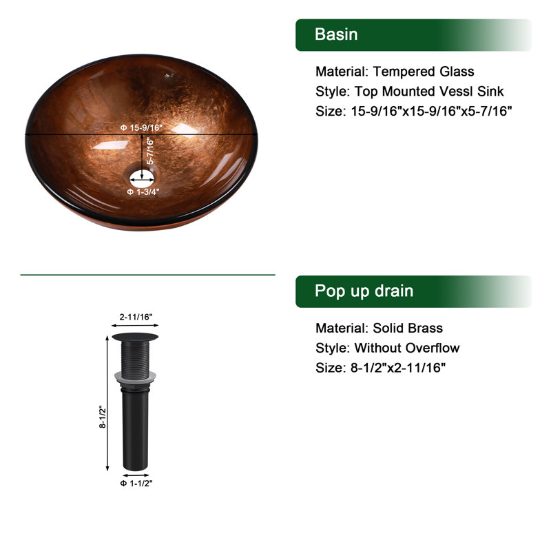 15 1/2" Circular Glass Bathroom Sink Above-Counter Tempered Glass Vessel Sink with Pop-Up Drain, Brown