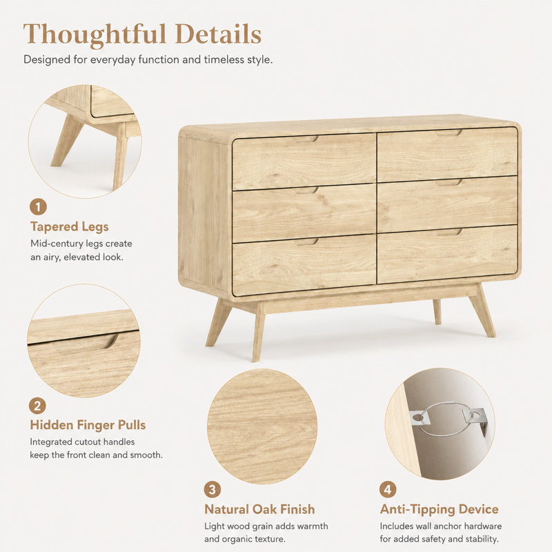 6-Drawer Dresser 47.2"W Double Dresser With Rounded Edges,Bedroom Dresser,Wooden Chest Of Drawers, Oak