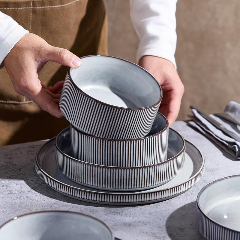 Ensemble de vaisselle en grès 12 pièces pour 4 lavables au lave-vaisselle, Bleu fumée