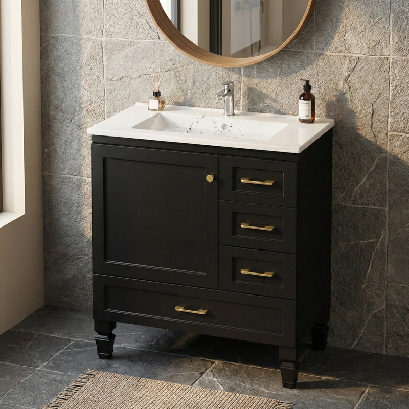 Armoire de rangement 30 po avec porte à fermeture douce et 3 tiroirs, armoire de rangement noire, Noir