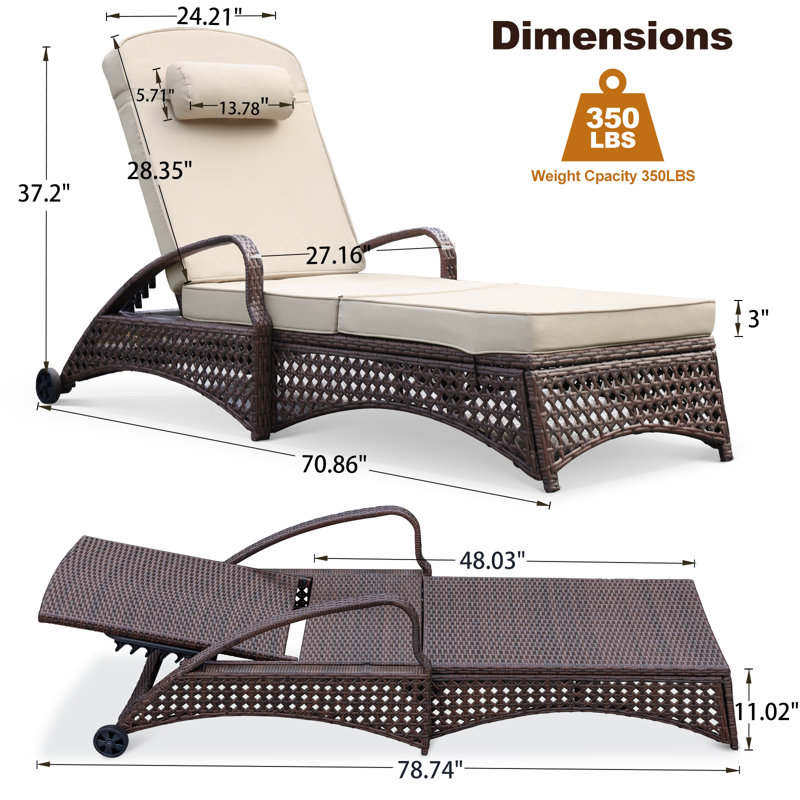 Set of 6 Outdoor Wicker Chaise Lounge Chairs with 6 Adjustable Reclining Position,Wheels,Thickened Cushion & Pillow, Beige