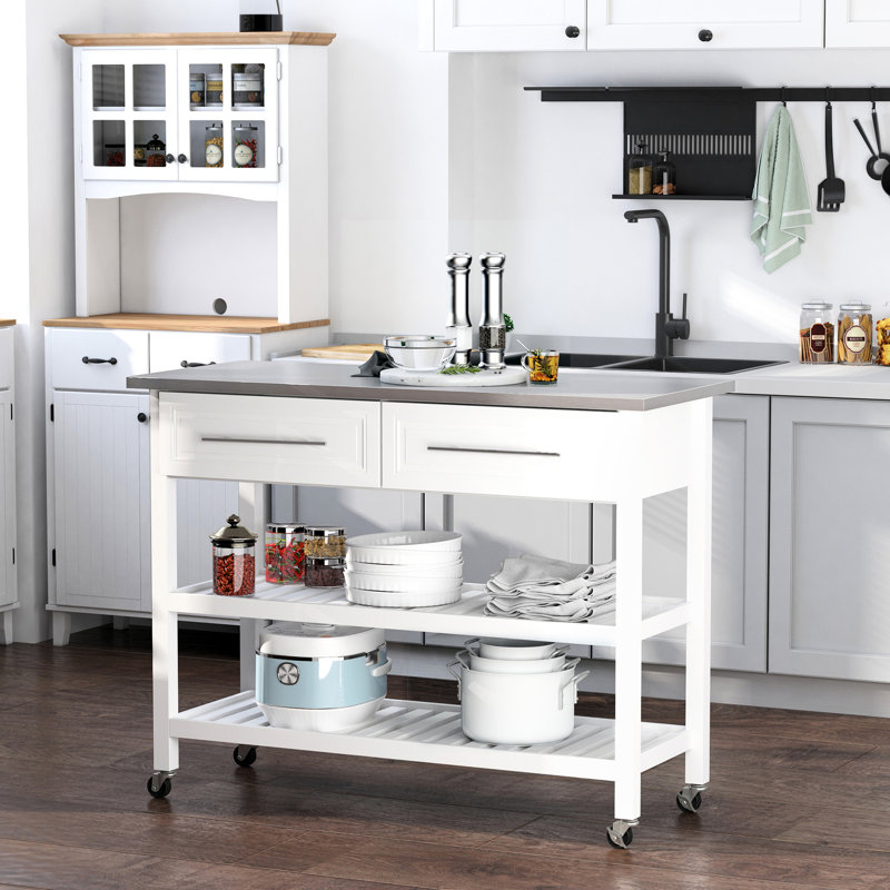 Rolling Kitchen Storage, Stainless Steel Top And Rustic Design, 3 Shelf With Drawers, Gray, For Essentials Cart Top, Style, 2-layer Shelving 2 Drawers Space Saving