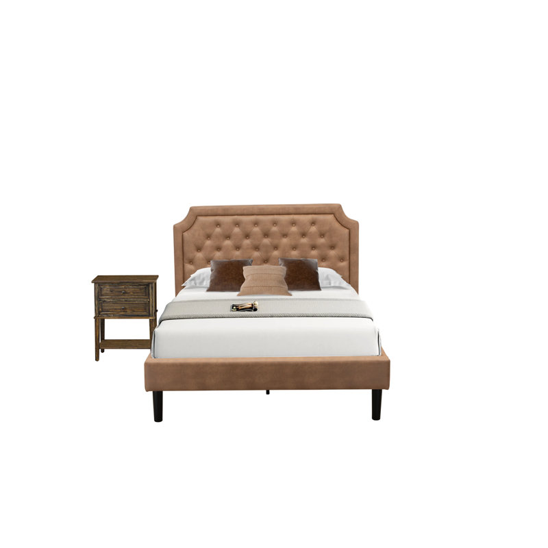 Ensemble de meubles de chambre à coucher 2 pièces avec lit plateforme capitonné et 1 table de chevet Jacobean vieillie - Similicuir brun foncé avec texture noire et pieds noirs