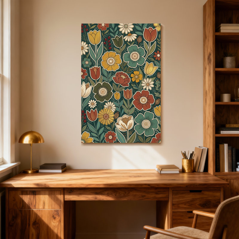 Motif floral de plantes et de fleurs avec des fleurs et des feuilles colorées, H 16 po x l 24 po
