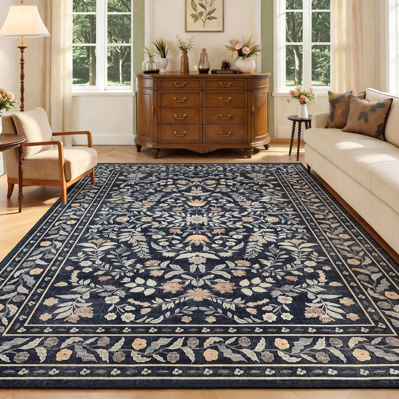 8x10 ft Washable Area Rug for Living Room - Botanical Foliage Print Carpet, Soft Velvet, Non-Slip TPR Backing, Machine Washable, Black