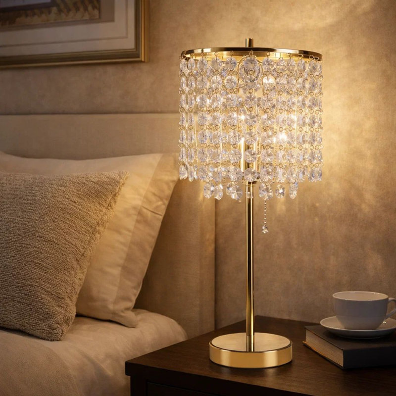 Lampe de table, abat-jour en perles de cristal suspendues, interrupteur à cordon, métal doré