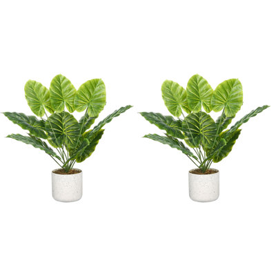 Set of 2 Artificial Fiddle Leaf Fig Plants in White Marble-Look Pots, Faux Potted Greenery for Office, Living Room, Bedroom and Shelf Decor