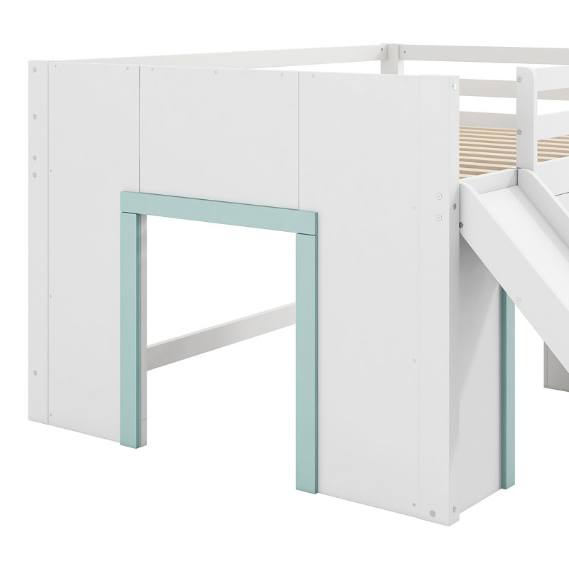 Lit mezzanine bas avec glissade, trois tiroirs de rangement et deux portes