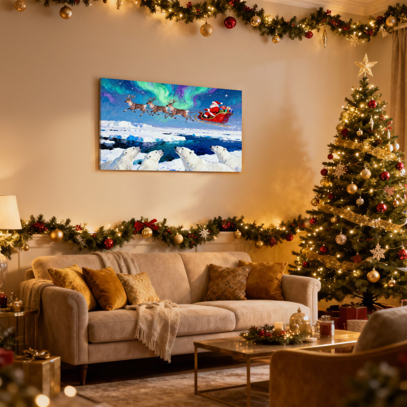 «Christmas Santa Reindeer Sleigh Aurora», ours polaires, paysage de glace, ensemble de 3 impressions sur toile