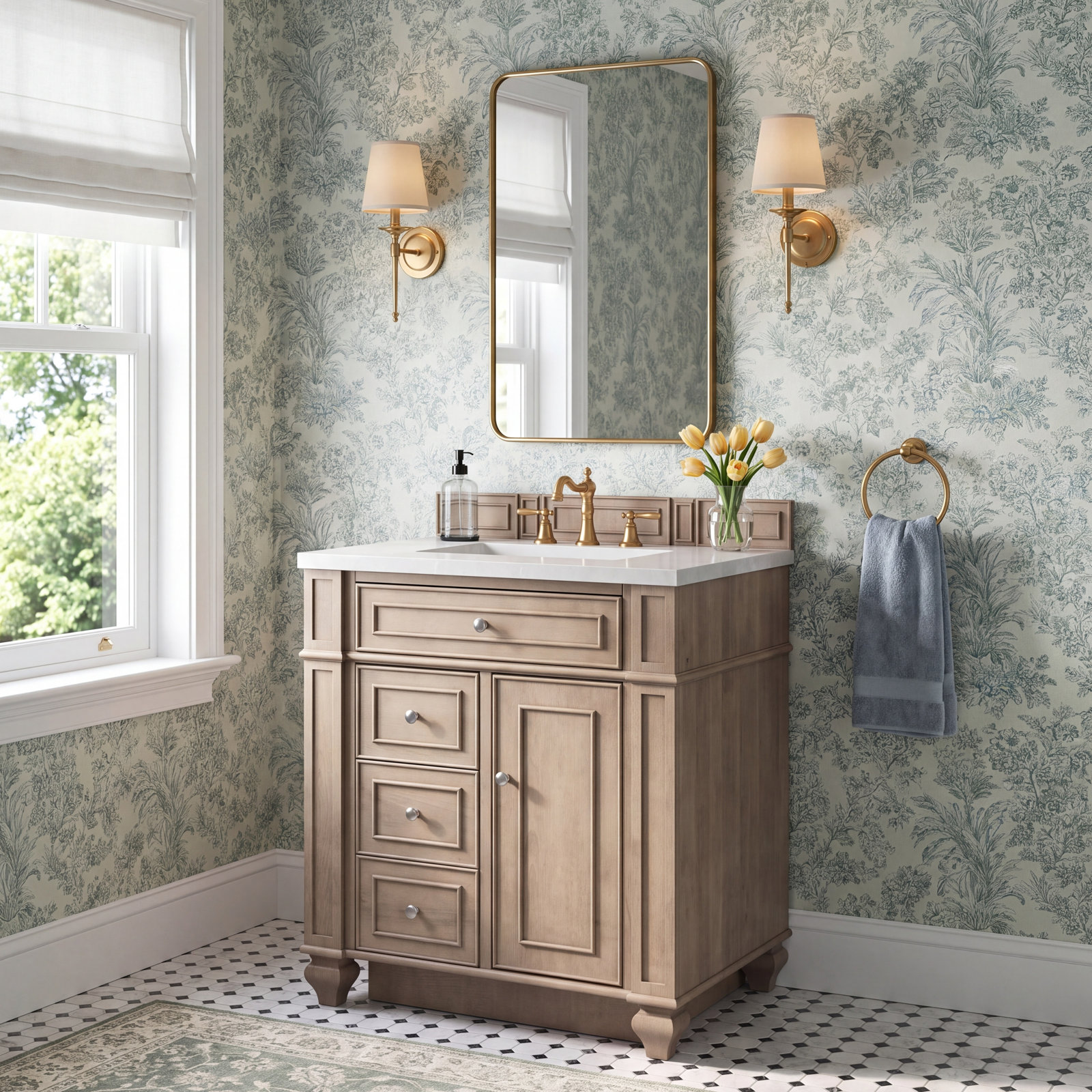Calisto 30" Single Bathroom Vanity, Whitewashed Walnut, Carrara White, 8" Widespread