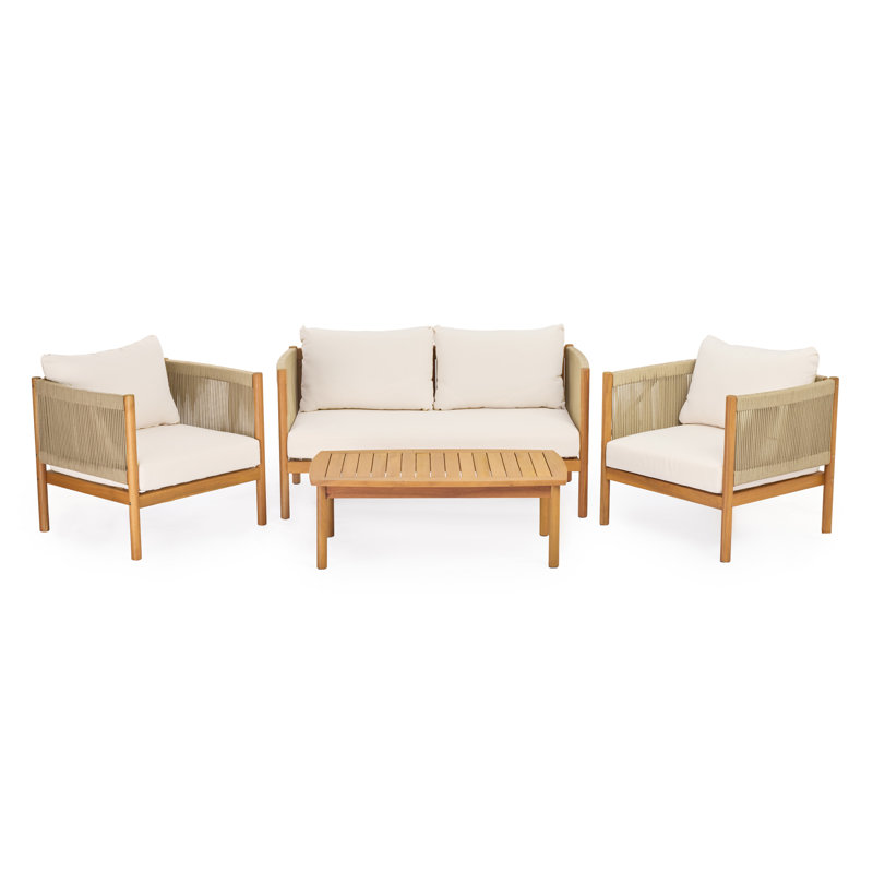 Ensemble de canapés de patio 4 pièces Modern, corde en bois d'acacia, aspect teck pour la maison