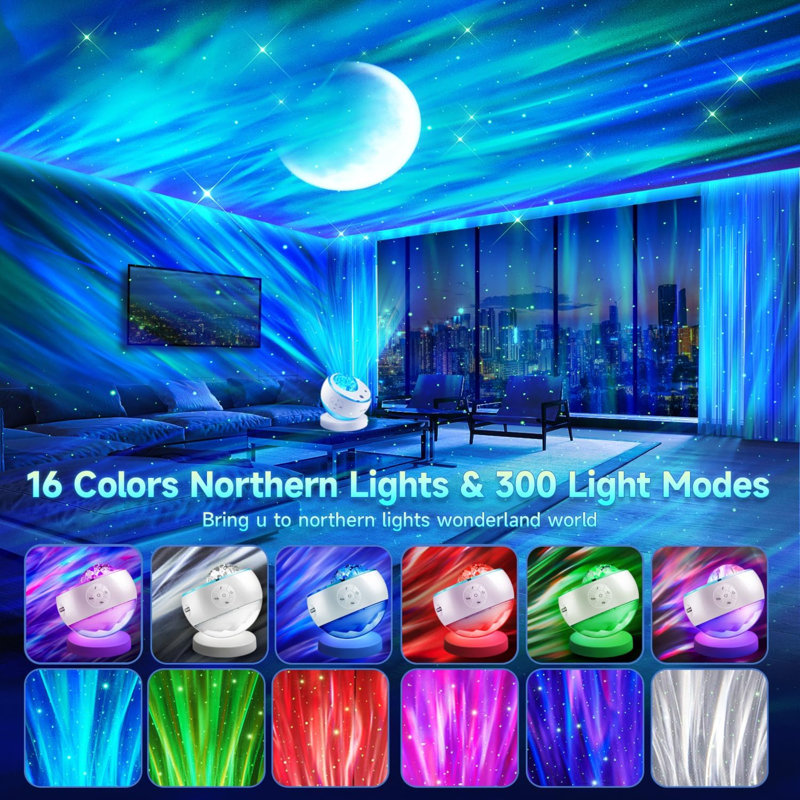 Projecteur d'aurores boréales, plus de 300 modes de couleur, projecteur galaxie pour chambre, 15 bruits blancs, projecteur lune et étoiles, Bluetooth, télécommande, minuteur, décoration de chambre, cadeau d'anniversaire pour adolescente.