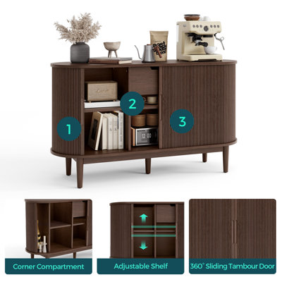  Leathia Kitchen Storage Cabinet with Sliding Tambour Doors and Adjustable Shelves , Sideboard with Rubber Wood Legs